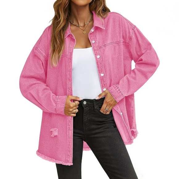 Fantaslook Pink Distressed Denim Jacket/Shacket w/ Frayed Hem, SZ S NWOT - Picture 2 of 13